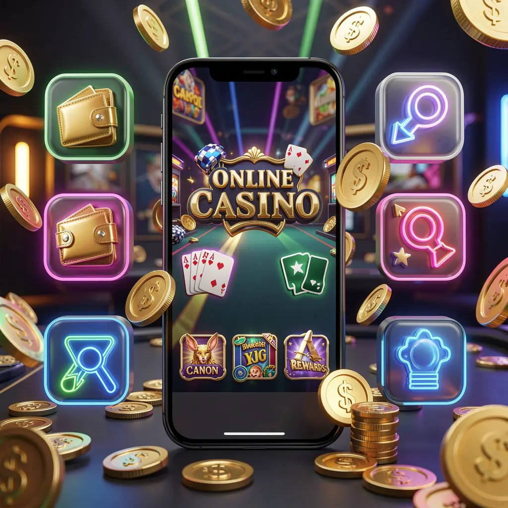 899OK online casino app features displayed on a smartphone surrounded by icons for wallet, games, support, and rewards with golden coins and neon lights in a luxury 3D render
