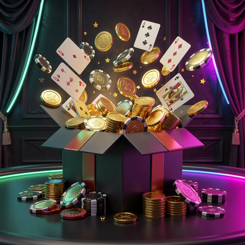 899OK online casino bonus gift box exploding with golden coins, poker chips, and playing cards on a dark luxury background with glowing neon accents