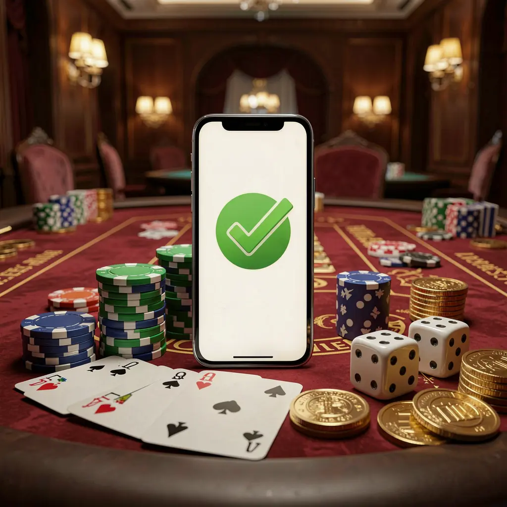 899OK safe casino login concept showing a smartphone with verification checkmark icon surrounded by chips, cards, dice, and golden coins on an elegant luxury casino table in a 3D realistic render