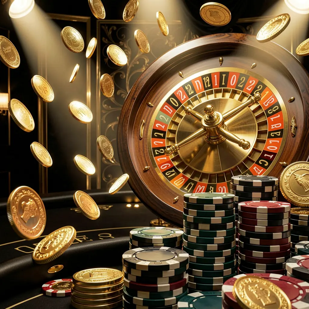 899OK online casino main page background featuring dramatic casino lights, golden coins flying, stacked poker chips in the foreground, and a roulette wheel behind in a luxury black and gold atmosphere